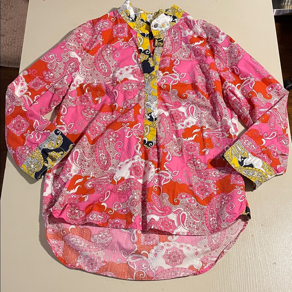 J. Crew Pink & Orange Paisley Button-Up Top with Yellow & Navy Trim